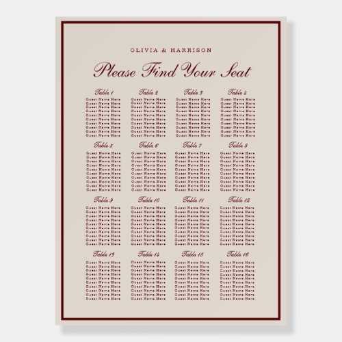Burgundy Old Money Wedding Seating Chart Foam Board