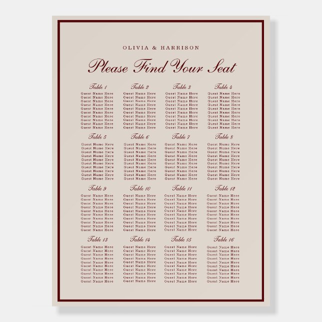 Burgundy Old Money Wedding Seating Chart Foam Board (Front)