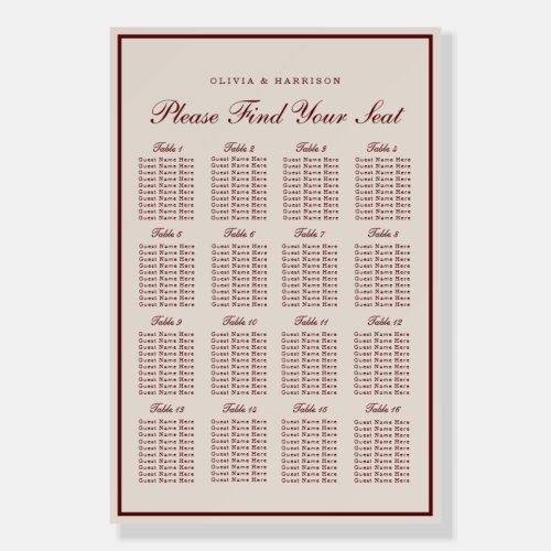 Burgundy Old Money Wedding Seating Chart Foam Board
