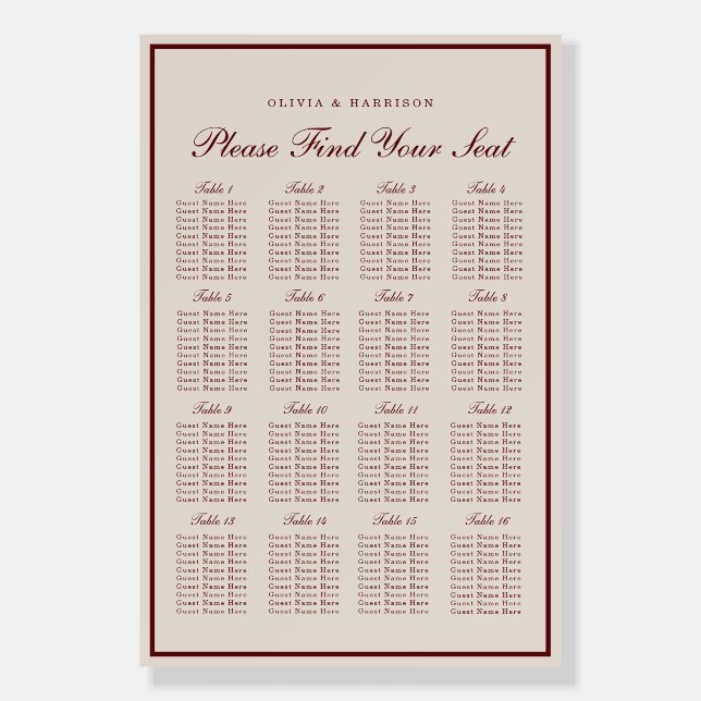 Burgundy Old Money Wedding Seating Chart Foam Board (Front)