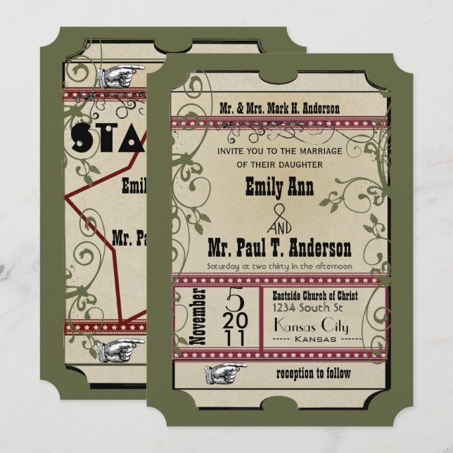 Burgundy & Olive Funky Textured Playbill Weddings Invitation (Front/Back)