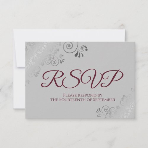 Burgundy on Gray Elegant Silver Lace Wedding RSVP Card
