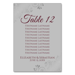 Burgundy on Gray Elegant Wedding Seating Chart Table Number