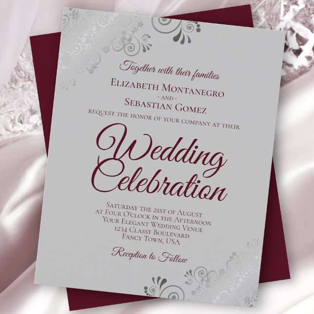 Burgundy on Gray Frilly BUDGET Wedding Invitation (Creator Uploaded)