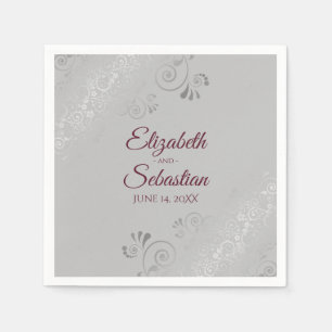 Burgundy on Gray Silver Frills Elegant Wedding Napkins