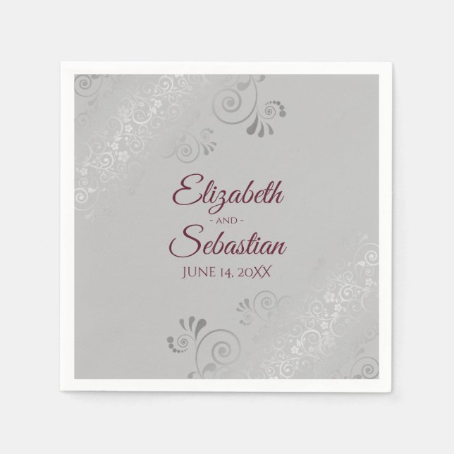 Burgundy on Gray Silver Frills Elegant Wedding Napkins (Front)