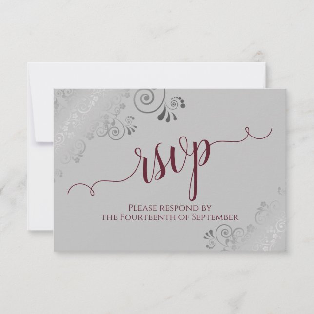 Burgundy on Gray Silver Lace Calligraphy Wedding RSVP Card (Front)