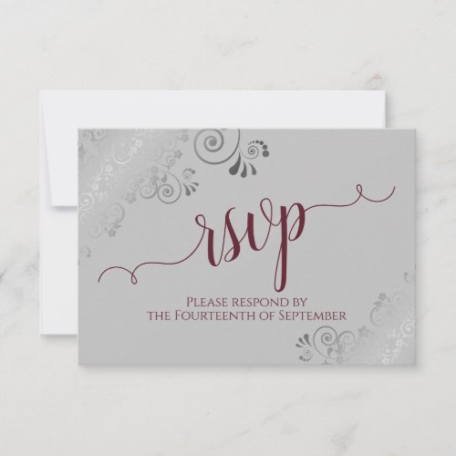 Burgundy on Gray Silver Lace Calligraphy Wedding RSVP Card