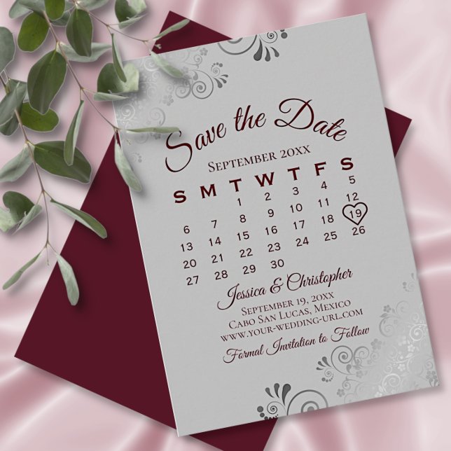 Burgundy on Gray Silver Lace Wedding Calendar Save The Date