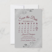 Burgundy on Gray Silver Lace Wedding Calendar Save The Date (Front)