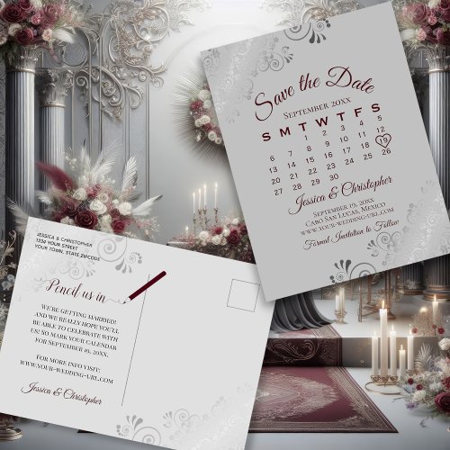 Burgundy on Gray Wedding Save the Date Calendar Announcement Postcard