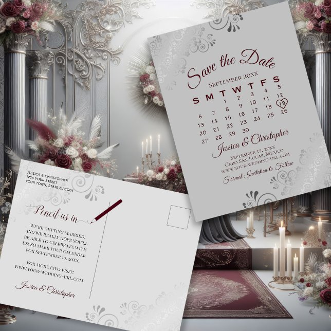 Burgundy on Gray Wedding Save the Date Calendar Announcement Postcard (Front/Back)