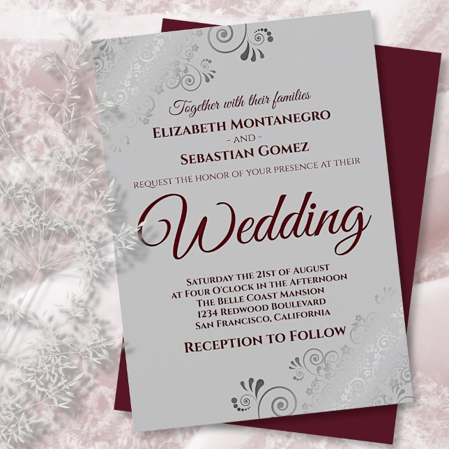 Burgundy on Gray with Lacy Silver Frills Wedding Invitation (Creator Uploaded)