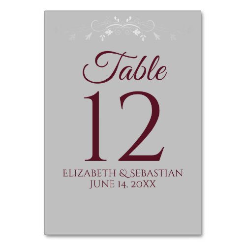 Burgundy on Gray with Silver Flourish Wedding Table Number