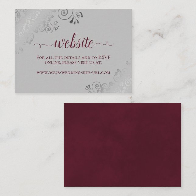 Burgundy on Gray with Silver Lace Wedding Website Enclosure Card (Front/Back)