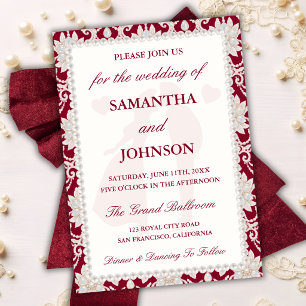 Burgundy Opal Pearl Lace Wedding Invitation