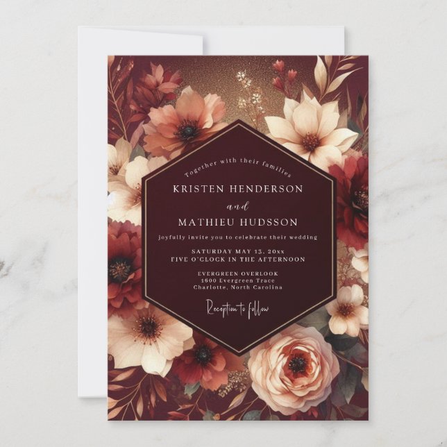 Burgundy Opulent Bloom Wedding Invitation (Front)