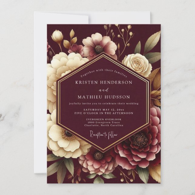 Burgundy Opulent Flora Wedding Invitation (Front)