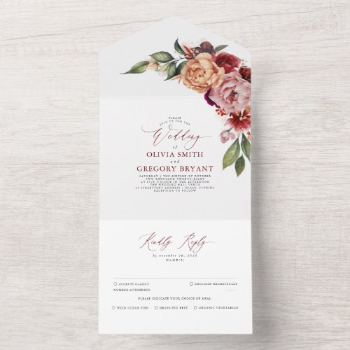 Burgundy Orange and Pink Floral Chic Fall All In One Invitation