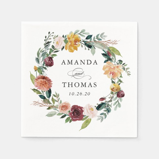 Burgundy Orange Autumn Fall Floral Wreath Wedding Napkins (Front)