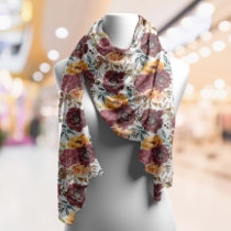 Burgundy Orange Autumn Watercolor Floral on White Scarf