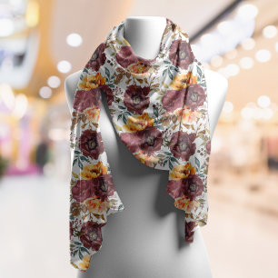 Burgundy Orange Autumn Watercolor Floral on White Scarf