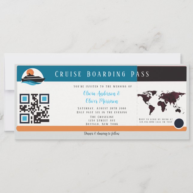 Burgundy Orange Blue Cruise Boarding Pass Wedding  Invitation (Front)