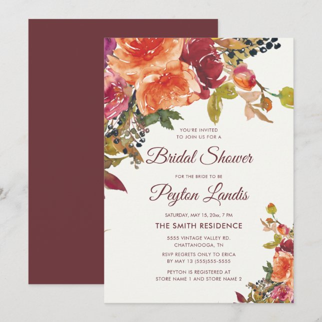 Burgundy Orange Blue Floral Leaves Bridal Shower Invitation (Front/Back)
