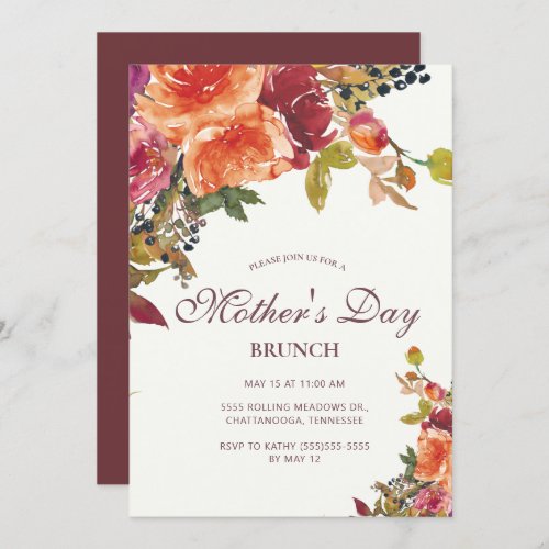 Burgundy Orange Blue Floral Leaves Mothers Day Invitation