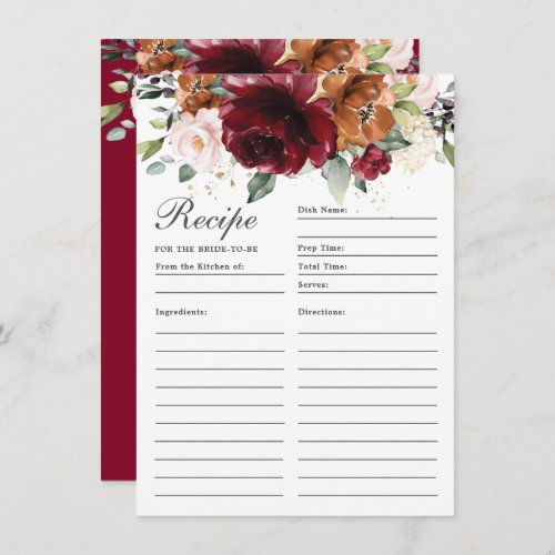 Burgundy Orange Blush Floral Recipe For Bride Card