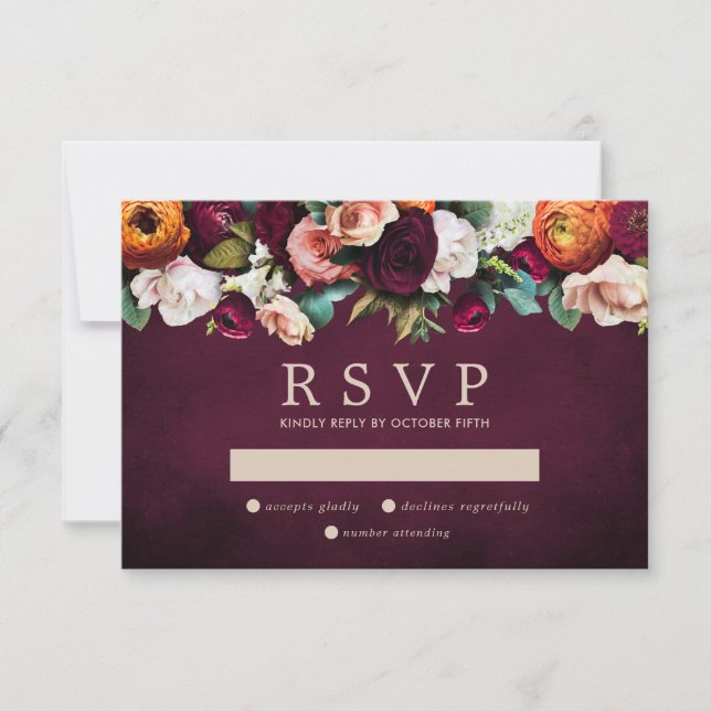 Burgundy Orange Blush Pink Floral Wedding RSVP Card (Front)