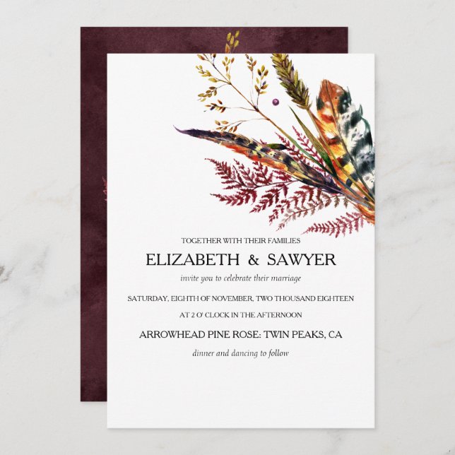 Burgundy & Orange Boho Fall Wedding Invitation (Front/Back)