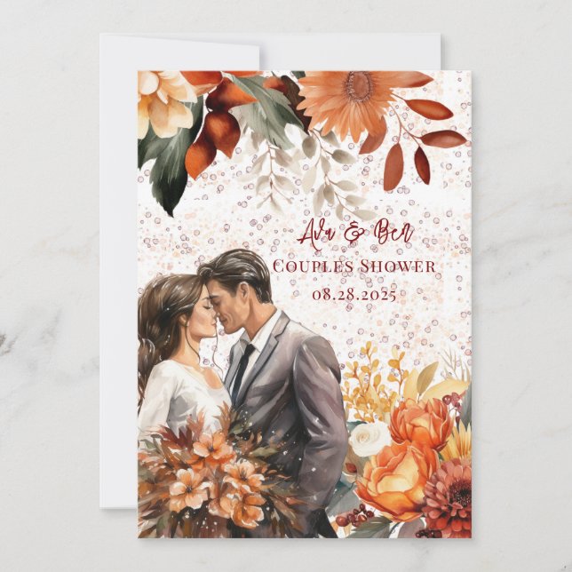 Burgundy Orange Bride Groom Wedding Couples Shower Invitation (Front)