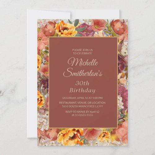 Burgundy Orange Cream Floral 30th Birthday Invitation