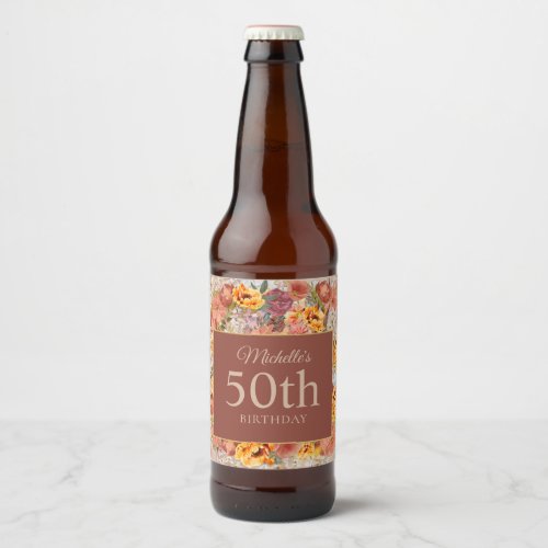 Burgundy Orange Cream Floral Birthday Name Age Beer Bottle Label
