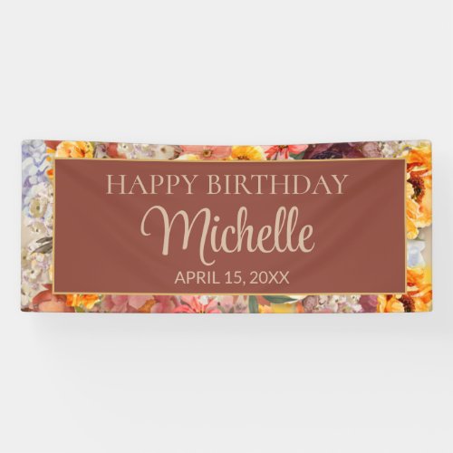 Burgundy Orange Cream Floral Happy Birthday Name Banner