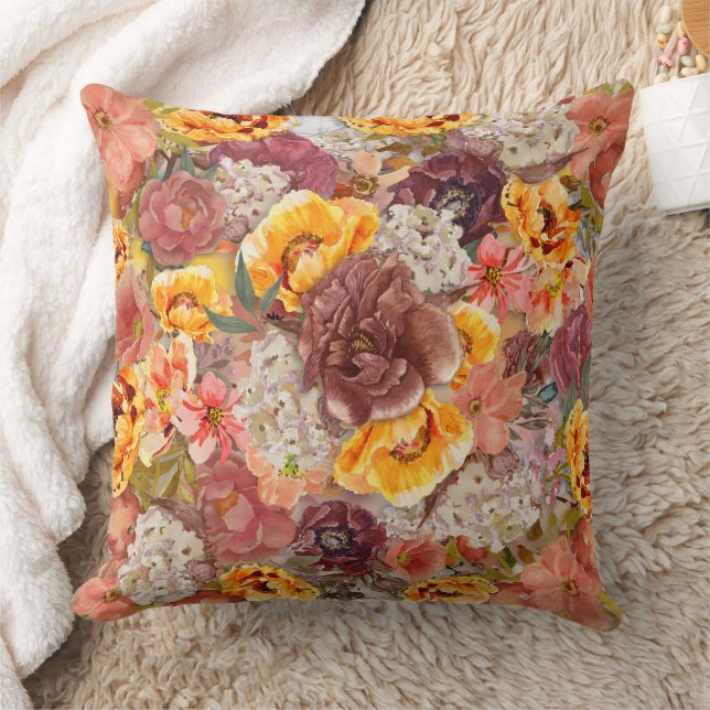 Burgundy Orange Cream Floral Khaki Fall Autumn  Throw Pillow (Blanket)