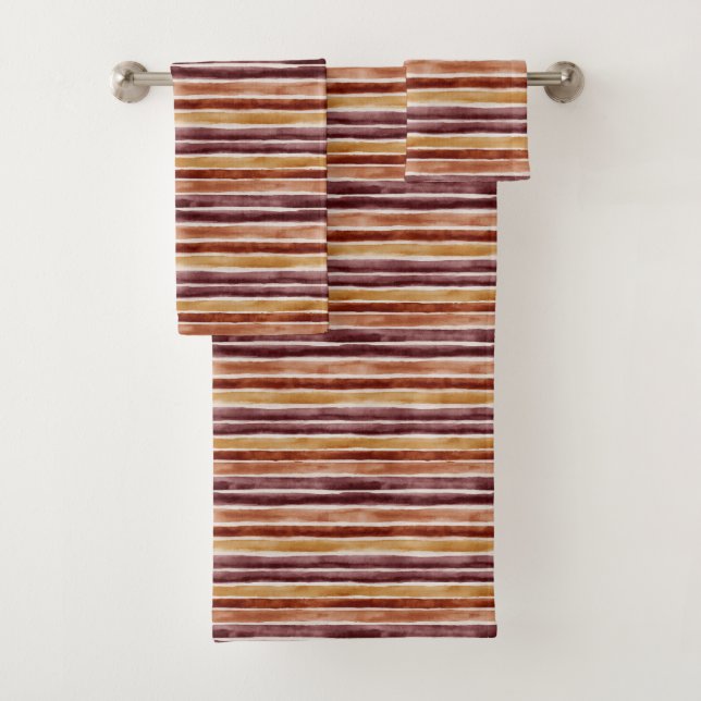Burgundy Orange Cream Stripes Bath Towel Set (Insitu)