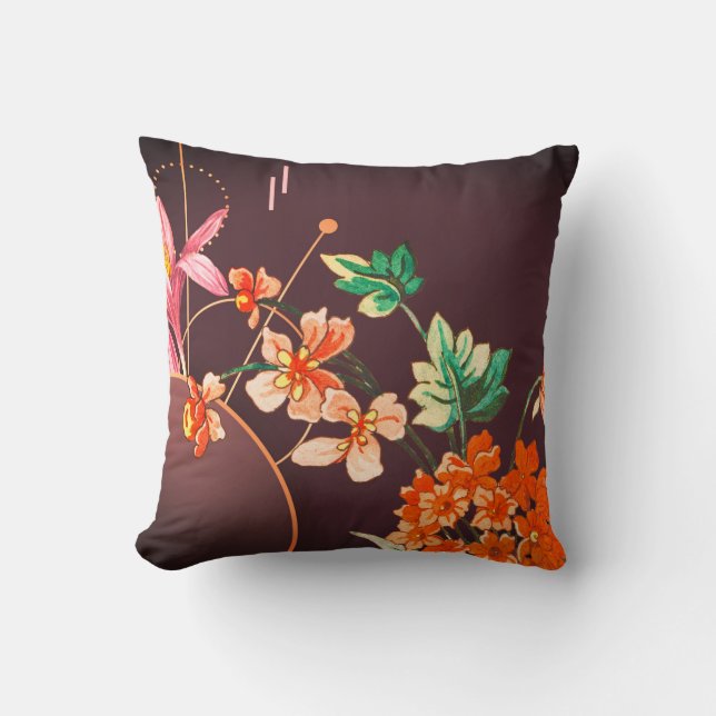 Burgundy & Orange Elegant Blooming Floral Throw Pillow (Front)
