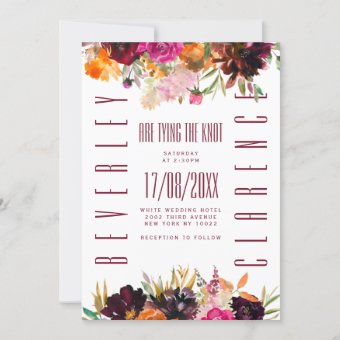 Burgundy orange fall floral typography wedding invitation | Zazzle