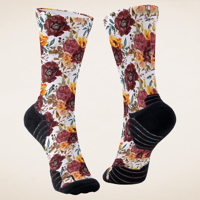 Burgundy Orange Fall Wedding Botanicals Socks (Creator Uploaded)