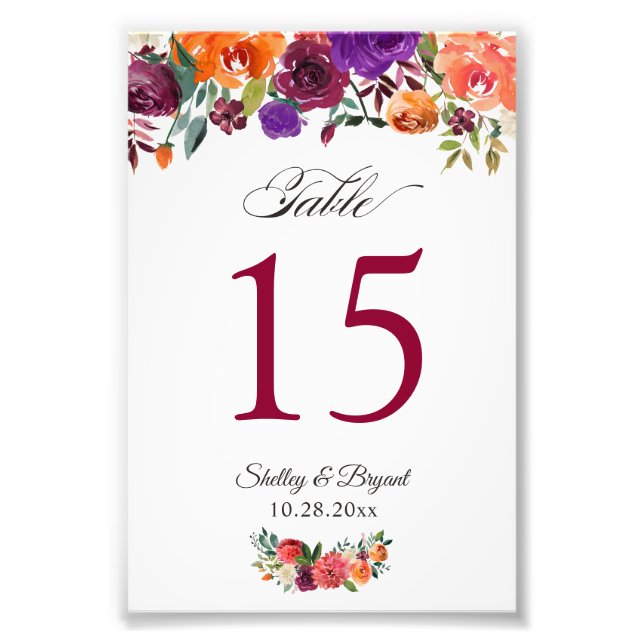 Burgundy Orange Floral 4x6 Wedding Table Number Photo Print (Front)