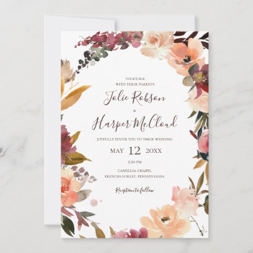 Burgundy Orange Floral All In One Wedding Invitation