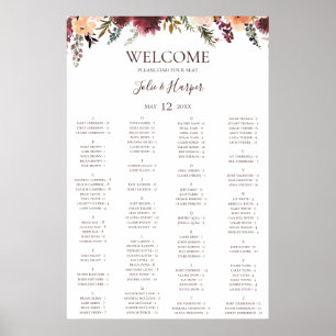Burgundy Orange Floral Alphabetical Seating Chart