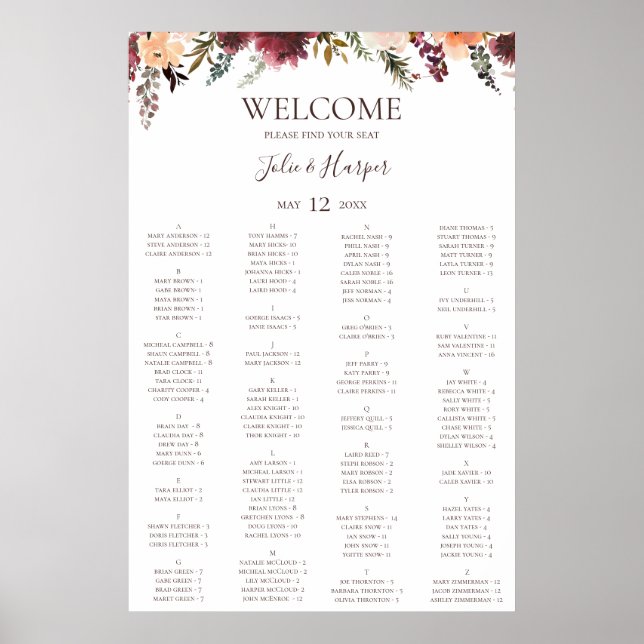 Burgundy Orange Floral Alphabetical Seating Chart (Front)