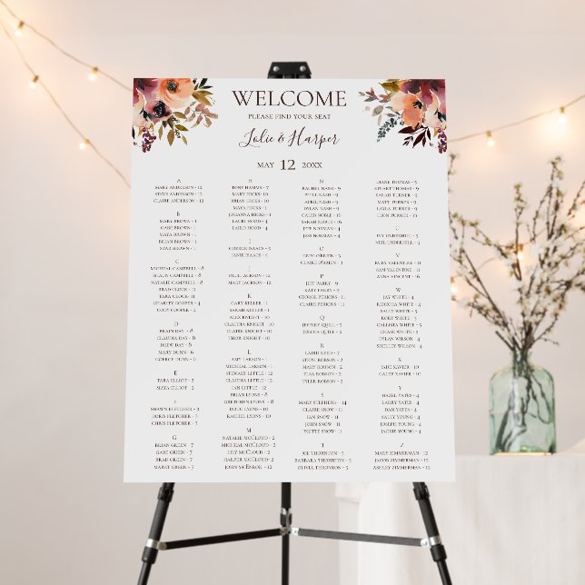 Burgundy Orange Floral Alphabetical Seating Chart Foam Board (In Situ (Stand))