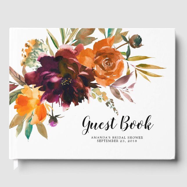 Burgundy Orange Floral Baby Bridal Shower Guest Book (Front)