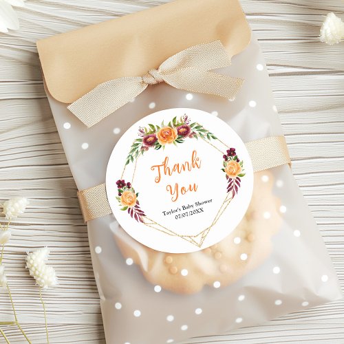 Burgundy Orange Floral Baby Shower Thank You Classic Round Sticker