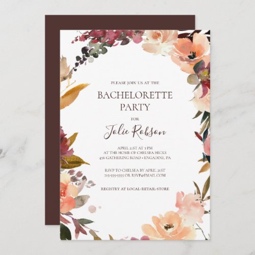 Burgundy Orange Floral Bachelorette Party  Invitation