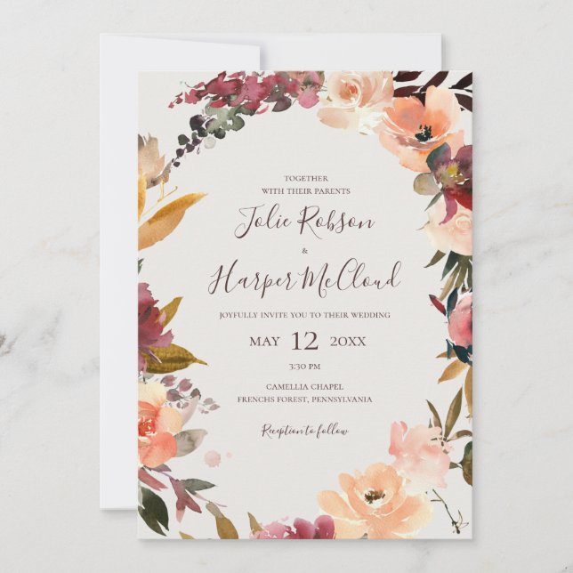 Burgundy Orange Floral | Beige  All In One Wedding Invitation (Front)